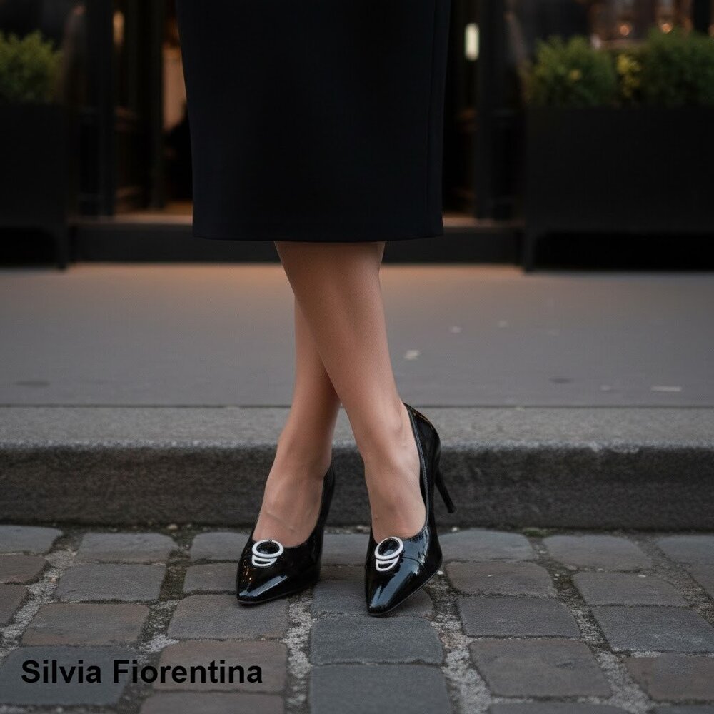 Silvia Fiorentina Women's Black Leather Heel Pointed Toe Pump Shoes